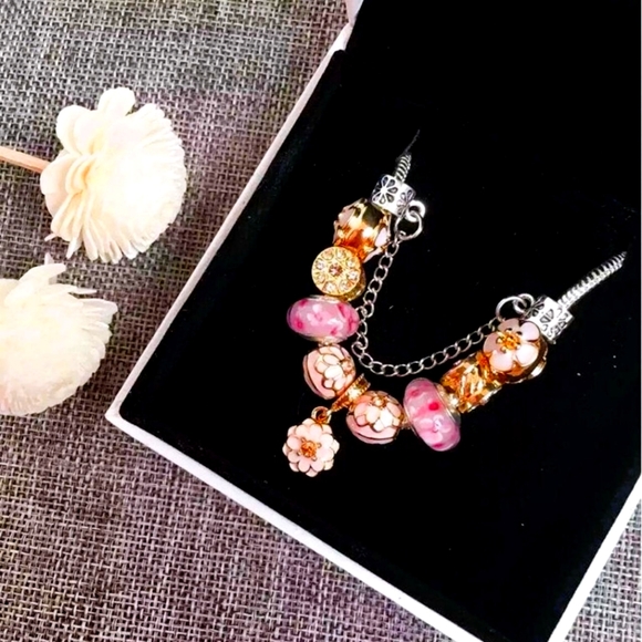 Silver & Pink Peony Flower Charm Bracelet, 16 CM - Picture 3 of 4